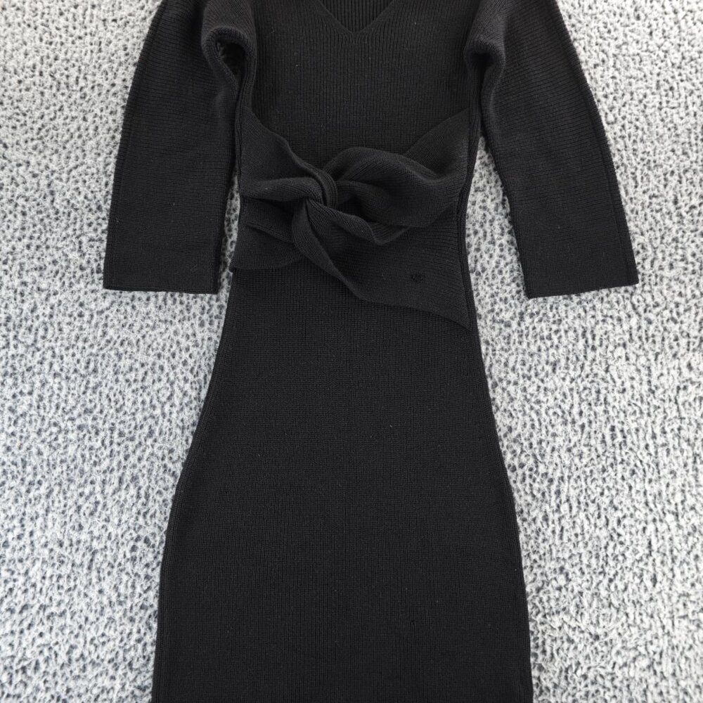 Emporio Armani Black Virgin Wool Ribbed Knit Midi Dress‎ Size 40 Bow Waist